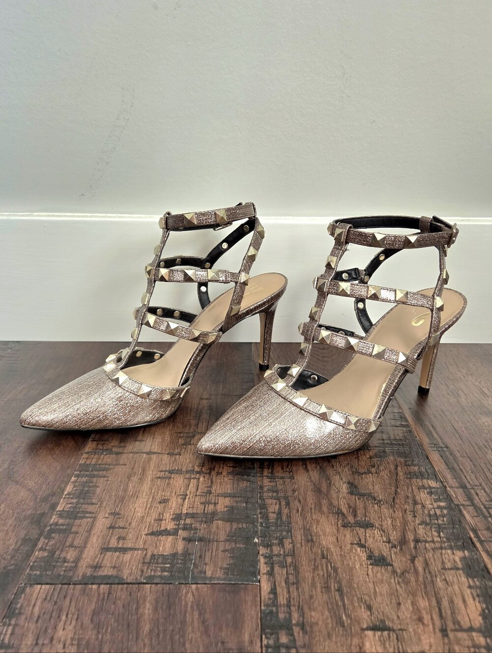 Mix No. 6 Metallic Gold Studded Strappy Pointed-Toe Heels. Size 7. #SW